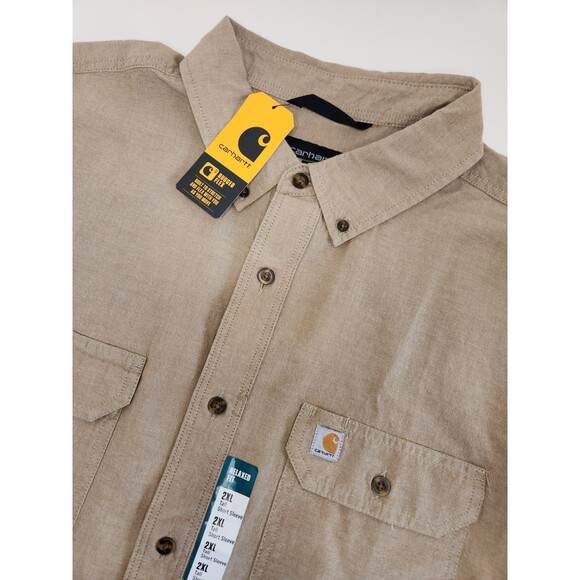 NWT Carhartt Rugged Flex Shirt Men's 2XLT Beige S/S Button Down Chambray Relaxed - Picture 1 of 9